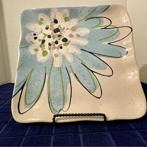 Grasslands Road Pottery Blooming Floral Square Serving Platter Speckled Blue - Picture 3 of 11